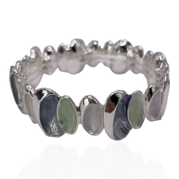 Bracelet, Stretch, Silver Tone, Blue, Green, White Inlay Oval 7.5" - 8.25" - Picture 3 of 5